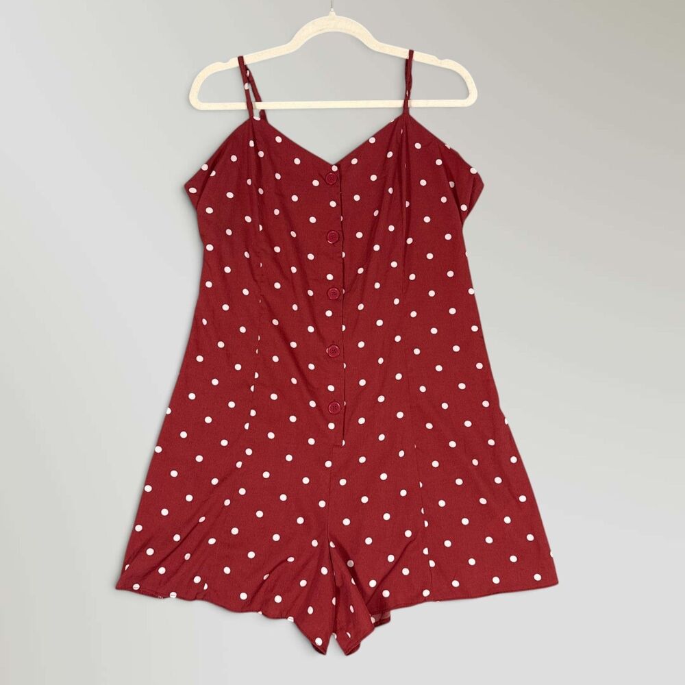 Primark Womens Polka Dot Romper Burgundy Button Front Strappy Sweetheart Size 14